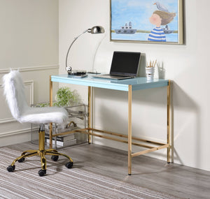 English Elm Baby Baby Blue and Gold Writing Desk with USB Ports — High-Gloss MDF Top, Open Metal Base, Modern Chic Office Accent B062P184576