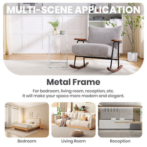 English Elm Modern Accent Chair Mid-Century Rocking Armchair Gray Fabric with Walnut Arms, Metal Frame, 300lb Capacity W1403P241856