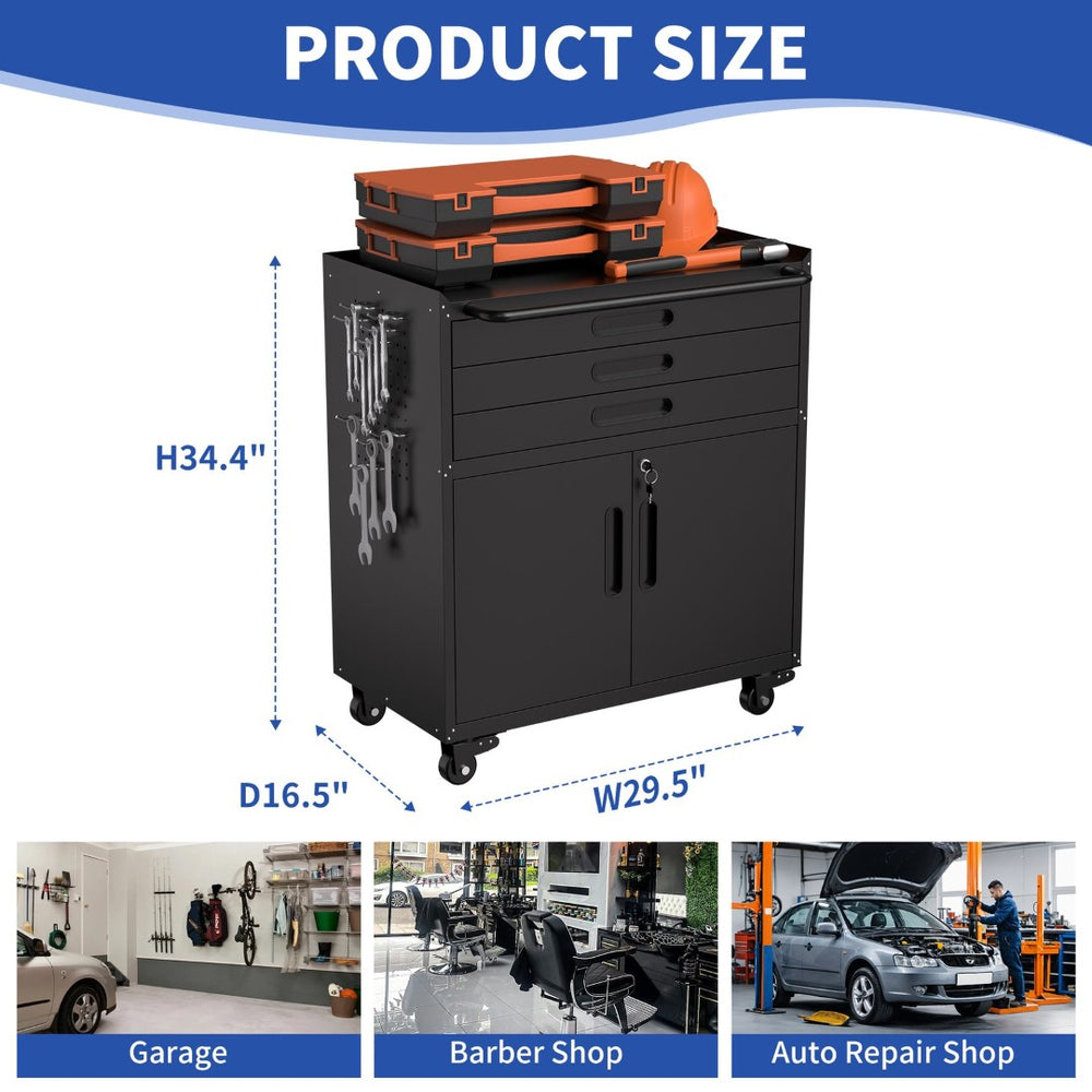 English Elm 34.3" Rolling Steel Tool Cabinet with 3 Drawers Lockable Doors and Pegboard Side Panels T2398P442672