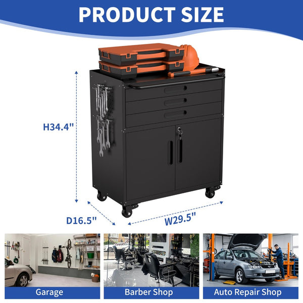 English Elm 34.3" Rolling Steel Tool Cabinet with 3 Drawers Lockable Doors and Pegboard Side Panels T2398P442672