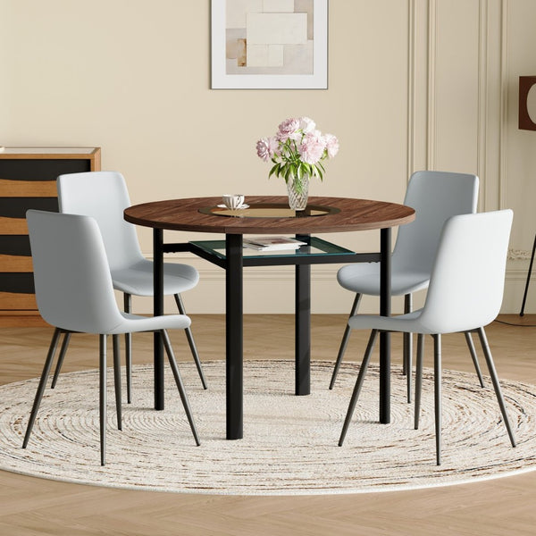 English Elm Table and Chair Set 42 Inch Round Wood Grain Dining with 4 Linen Cushioned Seats Brown+Black,Light Gray W1151S04485