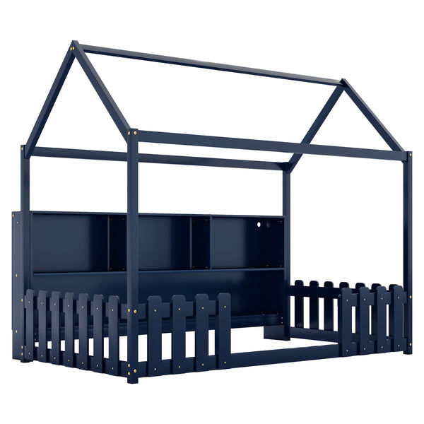 English Elm Twin House Bed with LED Light and Built-In Bookshelf, Solid Wood Playhouse Design for Kids Safety Navy Blue 78.15 L x 15.75 W x 6.1 H W2593P269090