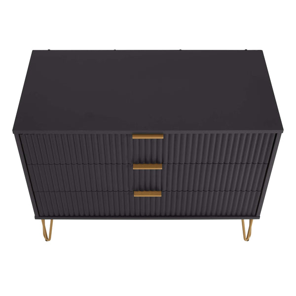 English Elm Dumbo 35" Fluted 3-Drawer Dresser with Gold Metal Legs, Glam Handles, Easy Snap Assembly Black B365P398118
