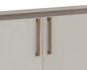 Sunpan Jamille Contemporary Sideboard - Cream Faux Leather, Warm Brass Base, Oak Veneer Top & Soft Close Doors