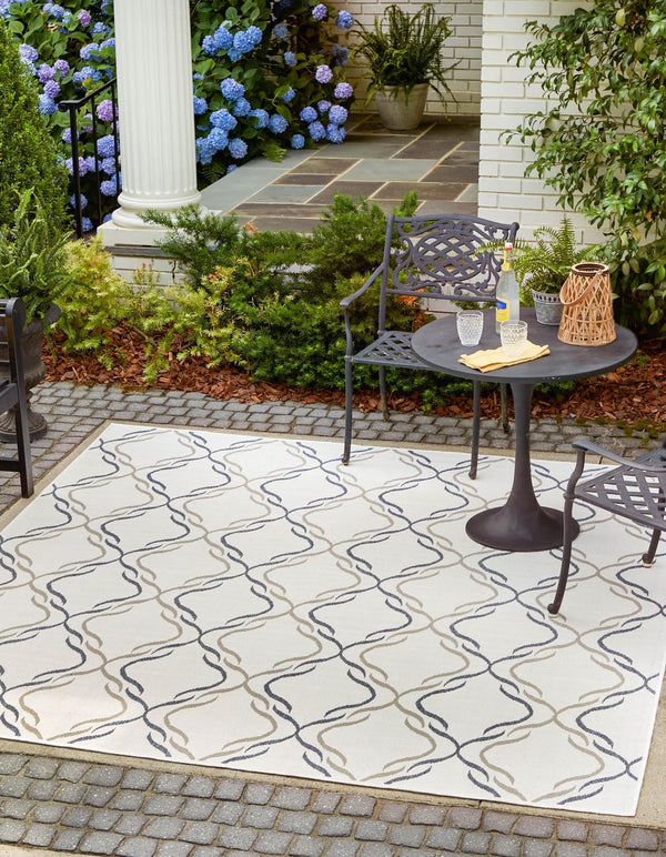 Unique Loom Outdoor Trellis Parmaklik Machine Made Lattice Rug Ivory, Navy Blue/Gray 7' 10" x 7' 10"