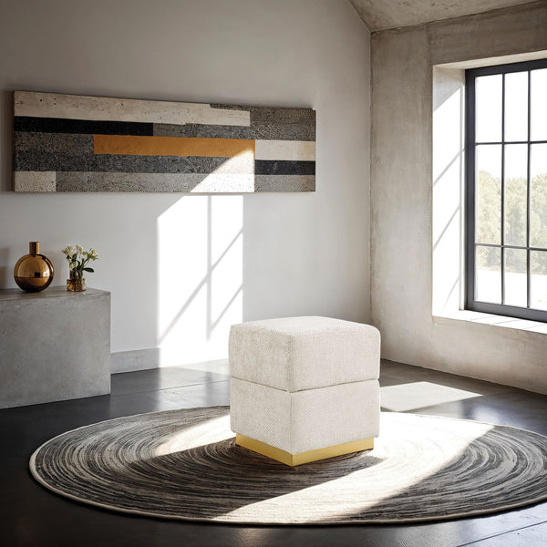 English Elm Beige Chenille Storage Stool Cube Design with Gold-Plated Stainless Base, Contemporary 15x15x19" Stylish B2741P388383