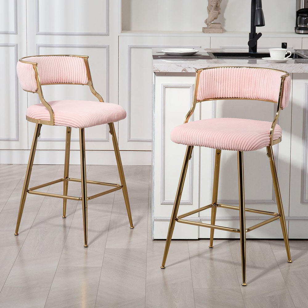 English Elm (SET of 2) 26'' Counter Height Bar Stools Pink Corduroy with Back Cushion, Gold Chrome Base & Footrest W2215P290561