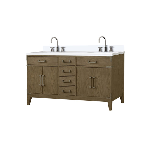 English Elm Grey Oak Double Bath Vanity - 60" W With Cultured Marble Top & Faucet Set, Stylish Storage Solution B2731P259860