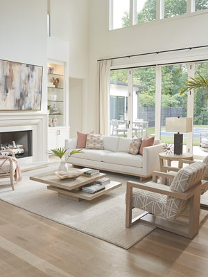 Lexington Tommy Bahama Home Prescott Tiered Cocktail Table - Modern White Oak Design With Asymmetrical Tops & Pedestal Base Sand Drift  578-947