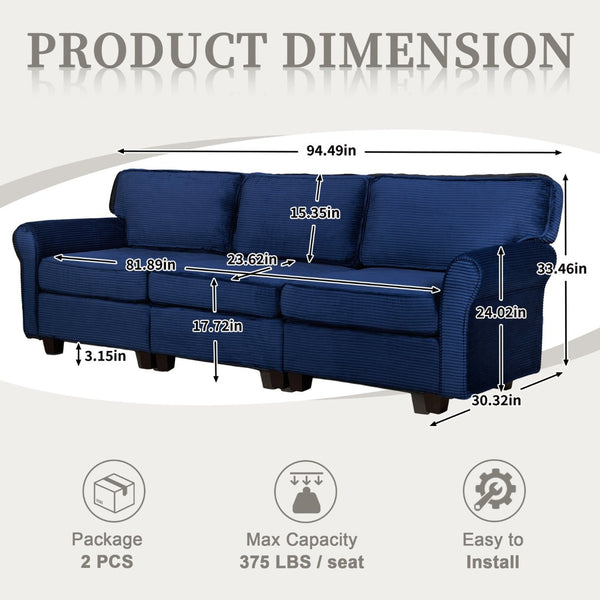 English Elm 94" Corduroy Three Seater Sofa Deep Cushioned Solid Wood Frame Modern Living Room Couch Blue W2715S00009