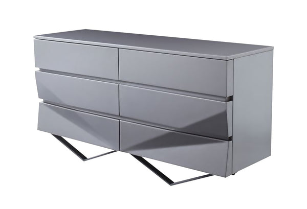VIG Furniture Duke Modern Grey Matte Dresser With V‑Shaped Black Gun Chrome Legs, 6 Soft‑Close Drawers, No Assembly VGVCJ1811-D-GRY