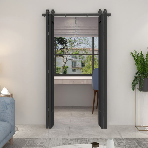 English Elm 24 in Primed Mdf Bi-fold Barn Door with Raised 6-panel Profile and Sliding Hardware B2763P491030