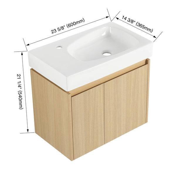 English Elm 24 Inch Bathroom Vanity Floating Ceramic Basin Sink Combo with Double-Door Wall-Mounted Storage Cabinet Durable Engineered Wood Modern Design Oak W1972P190341