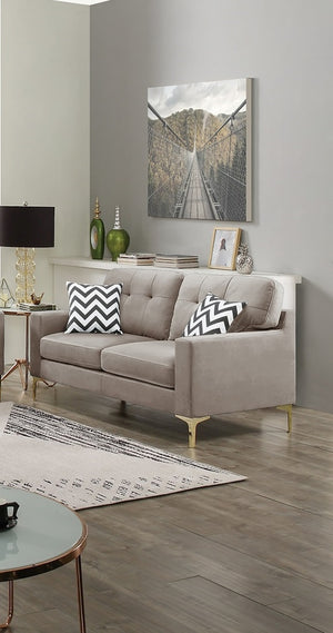 English Elm Eye-Catching 2pc Sofa Loveseat Set Light Brown Velvet with Tufted Cushions, Gold Legs & Geometric Pillows B011S01304