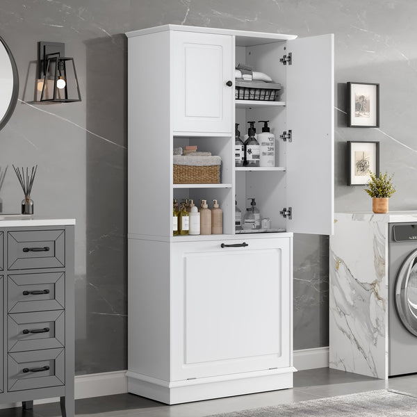 English Elm Tall Storage Cabinet with Flip-Out Basket, Adjustable Shelves & Aluminum Handles for Organized Living White N725P322739K