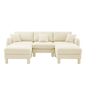 English Elm Boucle U-Shape Sectional Sofa With Shell Armrests & Movable Ottomans - Modern Beige Comfort Piece W3041S00278