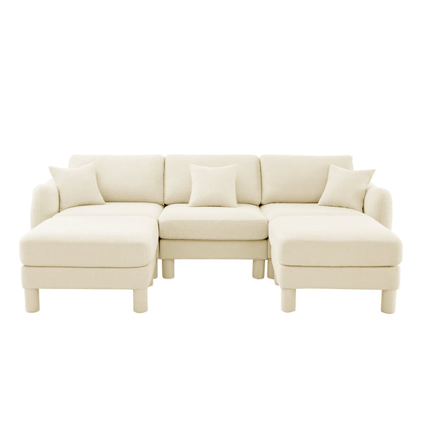 English Elm Boucle U-Shape Sectional Sofa With Shell Armrests & Movable Ottomans - Modern Beige Comfort Piece W3041S00278