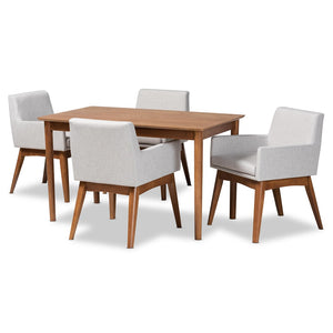 Baxton Studio Baxton Studio Dorina 5-Piece Mid-Century Modern Dining Set with Greyish Beige Upholstery & Walnut Finish BBT5281-Greyish Beige/Walnut-5PC Dining Set