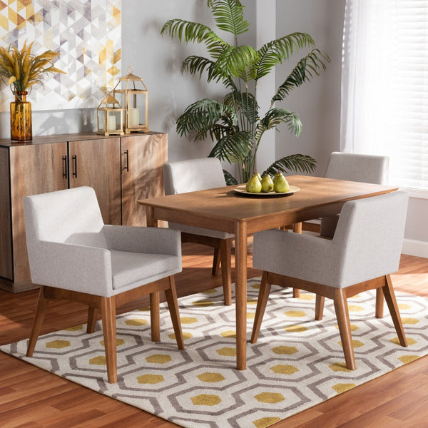Baxton Studio Baxton Studio Dorina 5-Piece Mid-Century Modern Dining Set with Greyish Beige Upholstery & Walnut Finish BBT5281-Greyish Beige/Walnut-5PC Dining Set