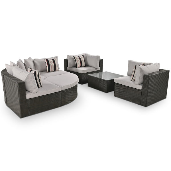 English Elm Go 7 Piece Outdoor Pe Wicker Sectional Set with Steel Frame and Striped Accent Pillows Brown FG201212AAA