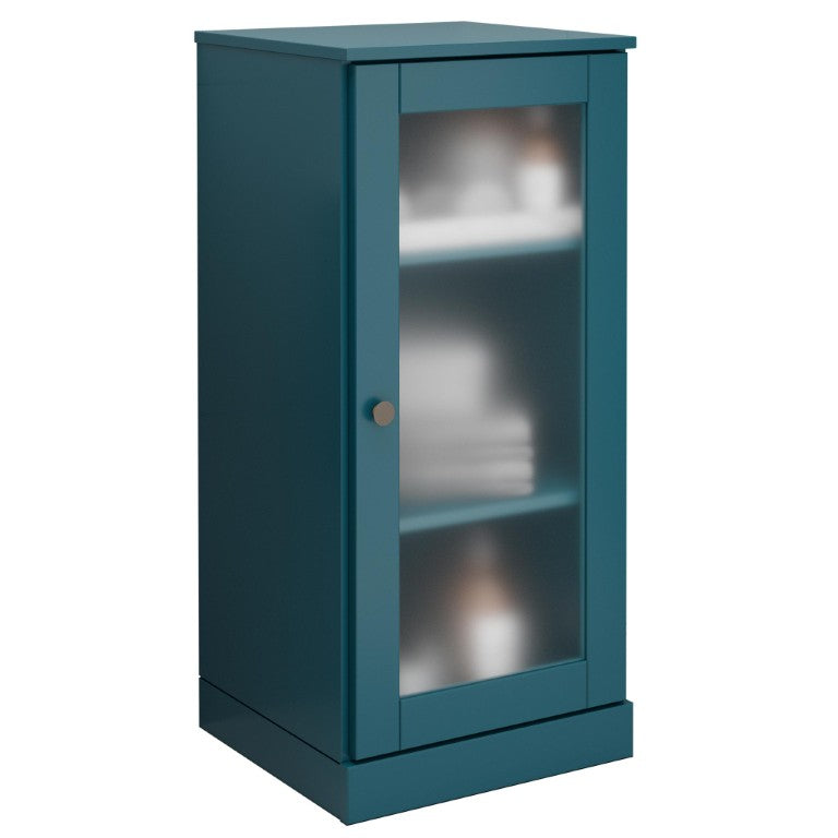 HomeRoots 17 Inch Solid Wood Linen Cabinet with Glass Panel Inlay Single Door for Bathroom Storage Teal / Blue 35.75 inches H 758926