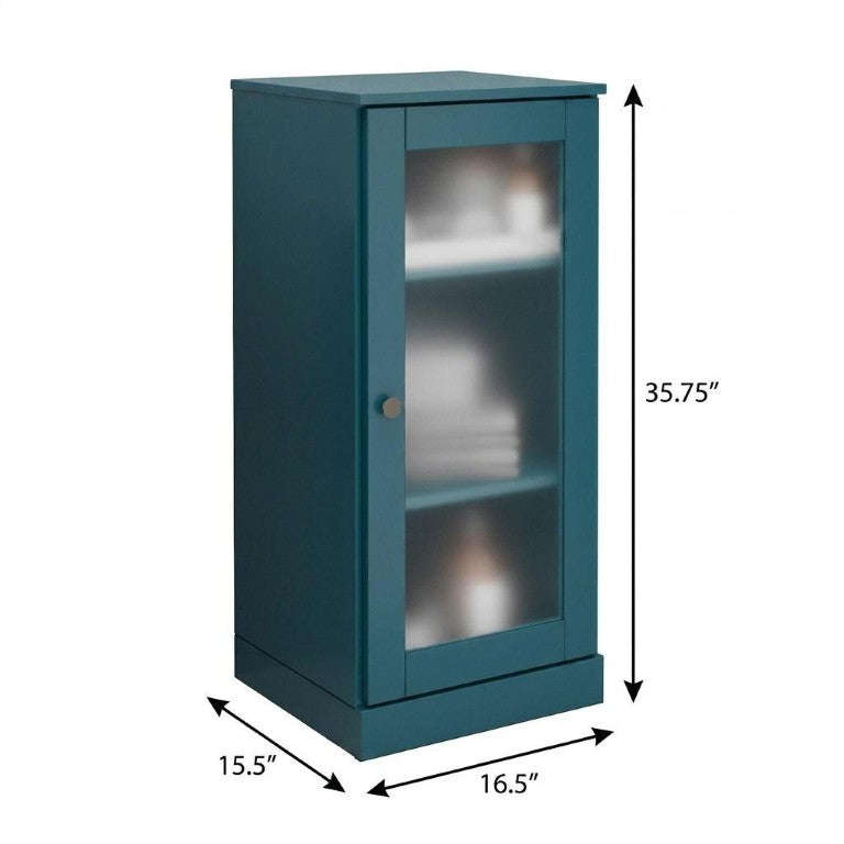 HomeRoots 17 Inch Solid Wood Linen Cabinet with Glass Panel Inlay Single Door for Bathroom Storage Teal / Blue 35.75 inches H 758926