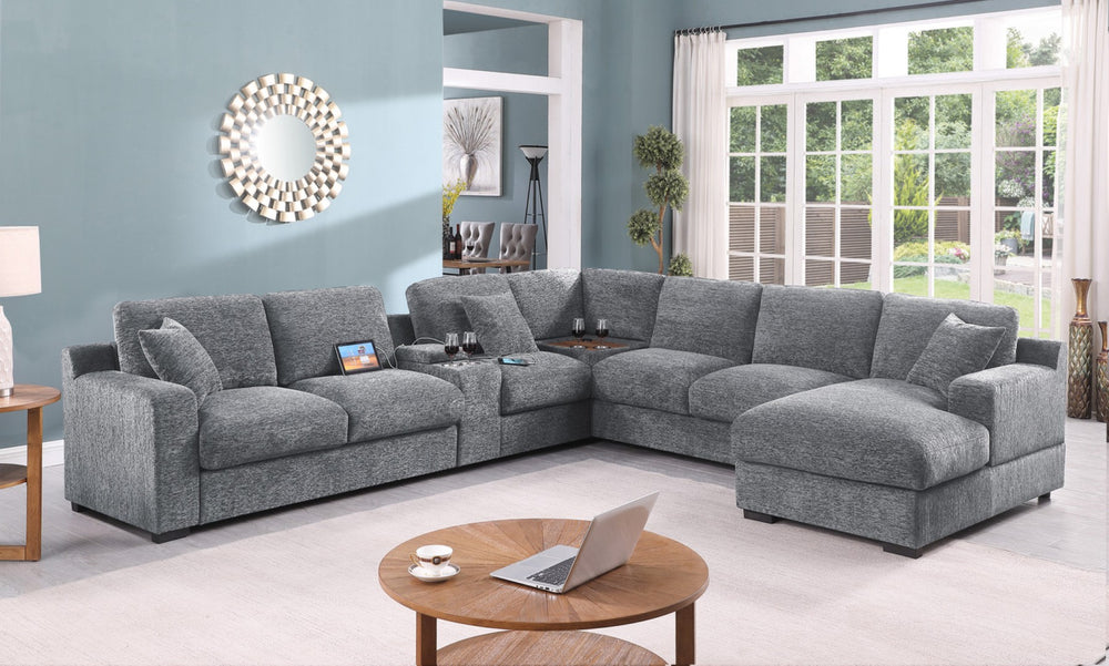 English Elm Chiara Chenille Sectional Sofa with Chaise Cupholders Usb Charging Ports Living Room Light Gray B2749S00236
