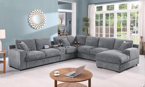 English Elm Chiara Chenille Sectional Sofa with Chaise Cupholders Usb Charging Ports Living Room Light Gray B2749S00236
