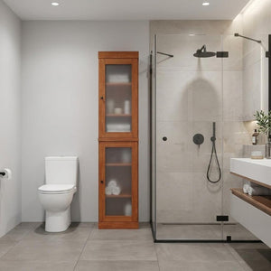 17 Inch Solid Wood Linen Cabinet with Glass Panel Inlay Doors for Bathroom Storage
