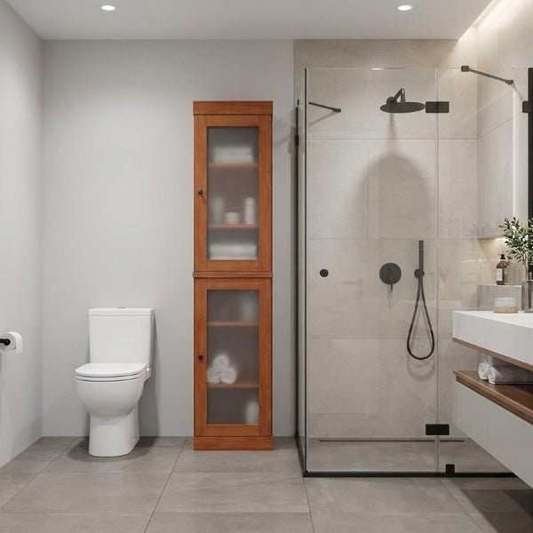 17 Inch Solid Wood Linen Cabinet with Glass Panel Inlay Doors for Bathroom Storage