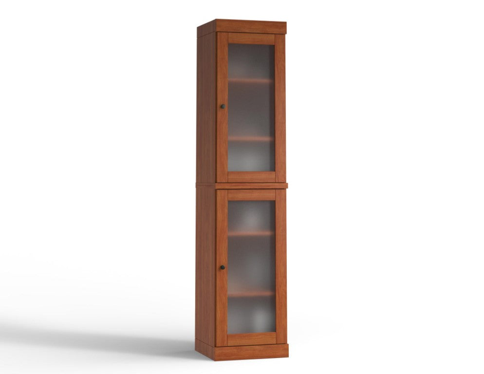 HomeRoots 17 Inch Solid Wood Linen Cabinet with Glass Panel Inlay Doors for Bathroom Storage 758948