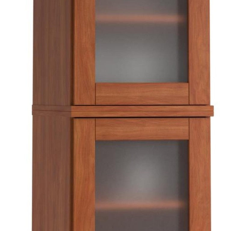 HomeRoots 17 Inch Solid Wood Linen Cabinet with Glass Panel Inlay Doors for Bathroom Storage 758948