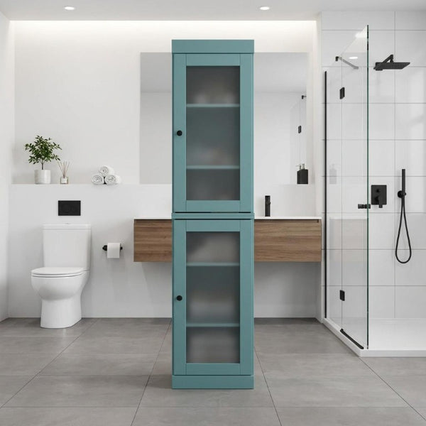 17 Inch Aqua Solid Wood Linen Cabinet with Glass Panel Double Doors Bathroom Storage