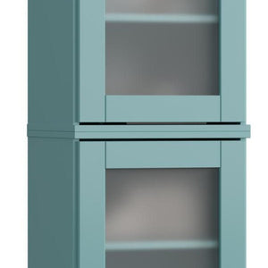17 Inch Aqua Solid Wood Linen Cabinet with Glass Panel Double Doors Bathroom Storage