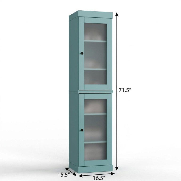 17 Inch Aqua Solid Wood Linen Cabinet with Glass Panel Double Doors Bathroom Storage