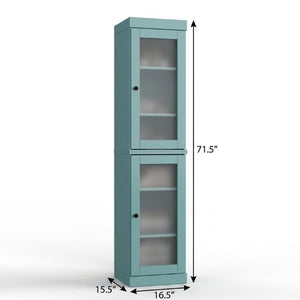 17 Inch Aqua Solid Wood Linen Cabinet with Glass Panel Double Doors Bathroom Storage