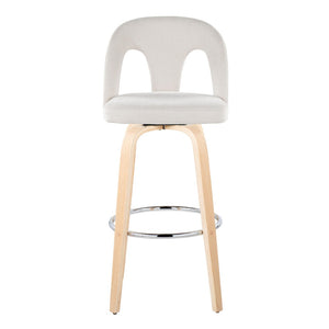 English Elm Fixed-height Swivel Barstools with Bent Wood Legs White Upholstery Chrome Footrest 2 Pack B202S01878