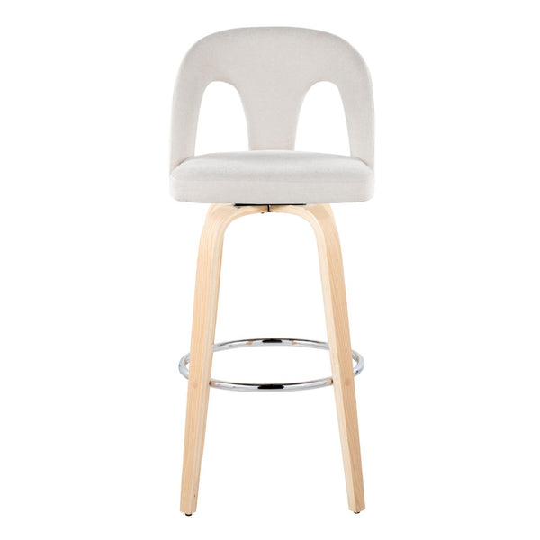 English Elm Fixed-height Swivel Barstools with Bent Wood Legs White Upholstery Chrome Footrest 2 Pack B202S01878