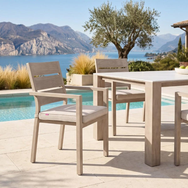 Set of Two Slipcovered Olefin Arm Dining Chairs with Aluminum Slat Back Design
