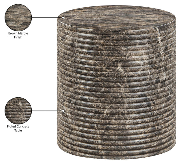 Meridian Furniture Rapallo Fluted Concrete Pedestal End Table Art Deco Style for Indoor Outdoor Living Spaces Brown 758Brown-ET