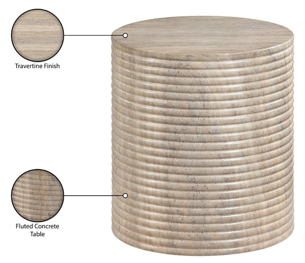 Meridian Furniture Rapallo Fluted Concrete Pedestal End Table Art Deco Style for Indoor Outdoor Living Spaces Travertine 758Travertine-ET