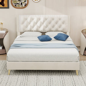 English Elm Suede Tufted Platform Bed Full Size Upholstered Headboard for Restful Bedroom Retreat Beige W1935P361000