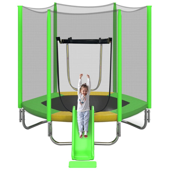English Elm 7ft Hexagonal Kids Outdoor Trampoline with Slide Ladder and Safety Enclosure Net K821P382822F