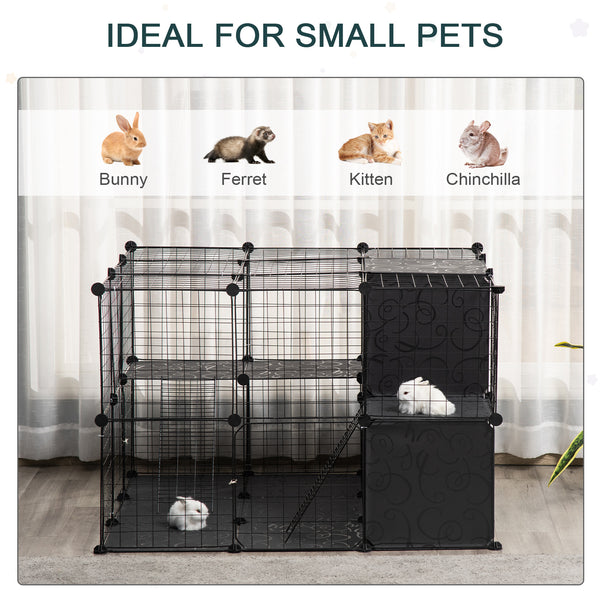 English Elm PawHut Modular Small Animal Playpen 56-Panel Metal Cage with Ramps, 3 Doors & Storage Shelf W2225P200757