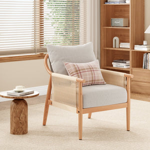 English Elm Braid Armchair Mid Century Modern Linen Wood Accent Chair with Ergonomic Support and Plush Cushioning Beige T3623P409102