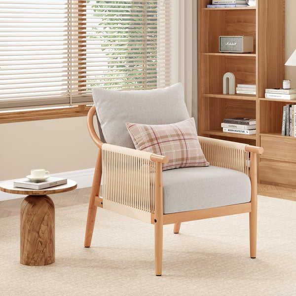 English Elm Braid Armchair Mid Century Modern Linen Wood Accent Chair with Ergonomic Support and Plush Cushioning Beige T3623P409102