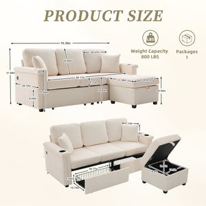 English Elm UNITED Corduroy L-Shaped Sectional Sofa with Storage Ottoman, USB Ports, Cup Holders & LED Lighting Beige W1568P332400