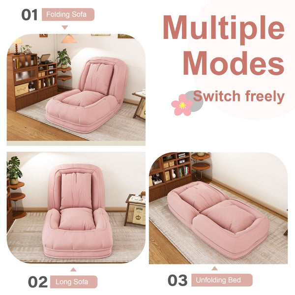 English Elm Upholstered Corduroy Floor Lounger Foldable Sofa Bed with 5 Reclining Positions Pink W2699P410741