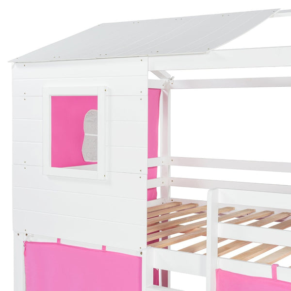 English Elm Full Size Kids Playhouse Bunk Bed Pinewood Frame with Tent Roof and Window Cutouts Pink LT000380AAH-1