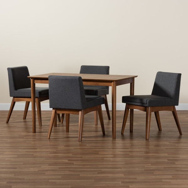 Baxton Studio Baxton Nexus Mid-Century Modern 5-Piece Dining Set - Dark Grey Upholstered Chairs & Walnut Table BBT5280-Dark Grey/Walnut-5PC Dining Set